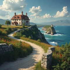 Charming coastal mansion along a winding path with vibrant flowers and distant lighthouse under a picturesque sky
