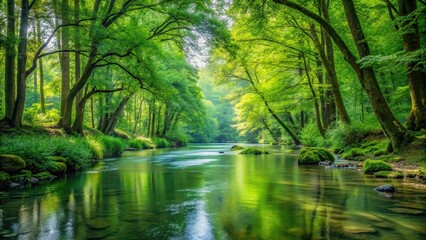 Fototapeta premium Serene river flowing through lush green forest , river, forest, nature, water, stream, trees, greenery
