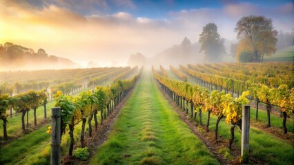 Naklejka premium Misty vineyard in Surrey, England with rows of grapevines disappearing into the fog , Vineyard, misty, fog