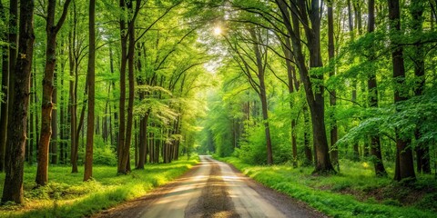 Obraz premium A serene forest dirt road surrounded by lush green trees in the summer , forest, dirt road, trees, nature, summer, serene