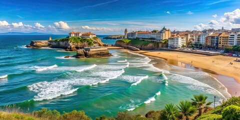 Obraz premium Bay of Biarritz on a summer day with a view on the main beach, Biarritz, France, summer, ocean, beach, coast, coastline