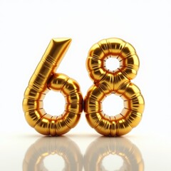 Golden numbers sixty eight, 68 years, from balloons will celebrate a significant date with a glossy coating in a bright, joyful atmosphere. Anniversary, birthday. On a white background