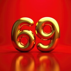 The golden number sixty-nine, 69, shines brightly against a bright red background, creating a vibrant and festive visual effect. Anniversary, Birthday