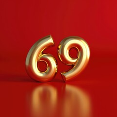 The golden number sixty-nine, 69, shines brightly against a bright red background, creating a vibrant and festive visual effect. Anniversary, Birthday