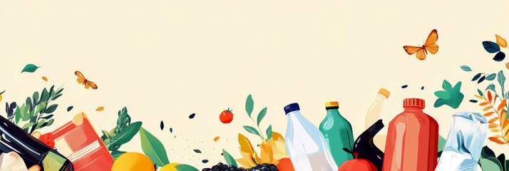 Zero waste concept with recyclable products and fresh produce in eco-friendly design. Global Recycling Day. Horizontal banner. Copy space. Eco concept of reduce, reuse, save the planet