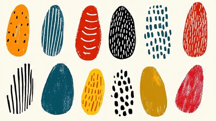 A collection of varying surfboard sizes and shapes against a white backdrop, adorned with blue, red, orange, yellow, and black dots