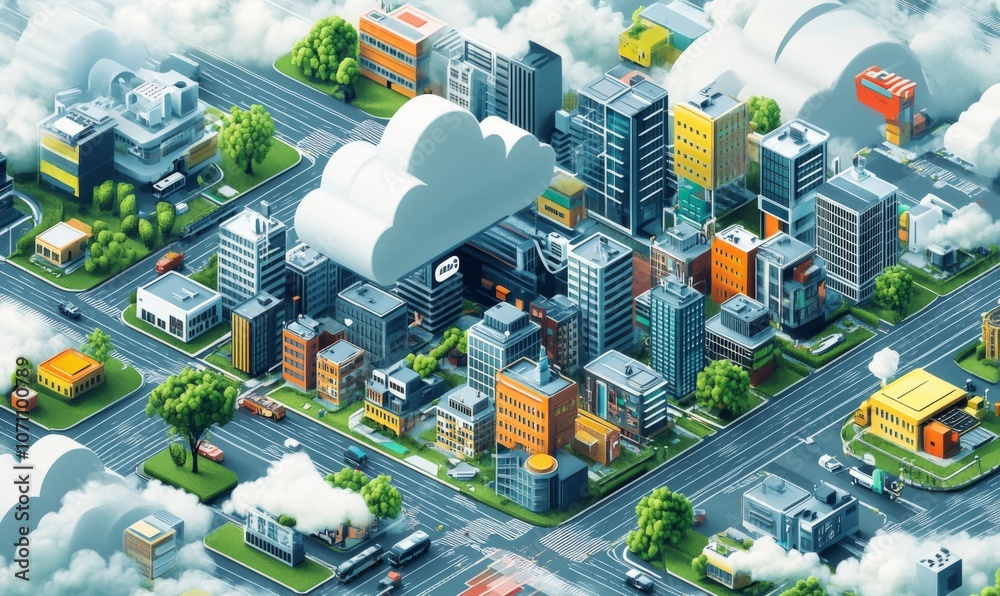 Wall mural isometric illustration depicting modern cloud technology and networking concept, representing web cl