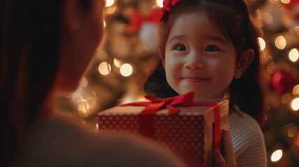A happy child gets a Christmas gift from a parent in front of the Christmas tree