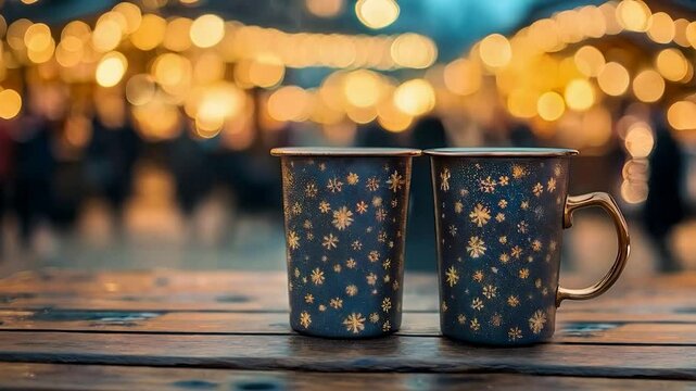 Two mug of hot drink steaming on the table in a busy christmas parket