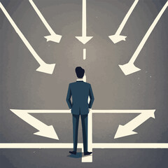 Businessman standing at a crossroad and looking directional signs arrows in difficult choice concept and startup. Businessman standing on the arrow with many directions ways, Choices concept.