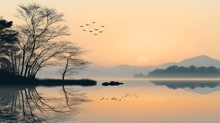 A wide composition landscape in a soft, minimalist Korean ink-and-wash style, displaying a calm natural setting with smooth gradients and subtle textures