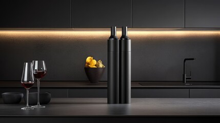 Elegant Black Wine Accessories on Modern Kitchen Counter