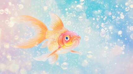 Fototapeta premium Bright Orange Goldfish Underwater with Bubbles