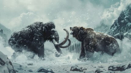 Obraz premium Mammoth vs. Bear: A Primal Encounter in a Snowy Wilderness