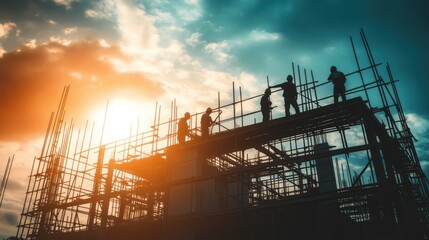 Partially constructed residential house with wooden framework exposed, sun shining through, workers hammering and sawing in the background