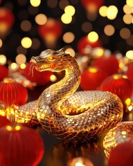 Fototapeta premium Golden Snake Among Red Lanterns for Celebration