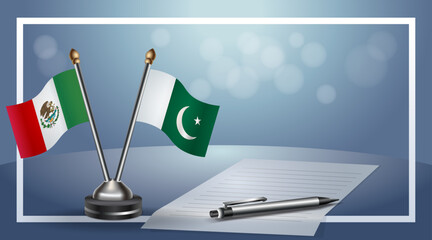 Mexico and Pakistan Small national flag on bokeh background, cooperative relationship