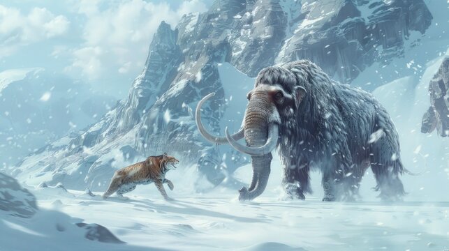 Woolly Mammoth and Sabertooth Tiger in Snowy Mountains