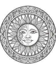 Intricate Mandala Sun and Moon Line Art Illustration