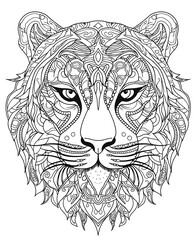 Intricate Mandala Tiger Line Art on White Background