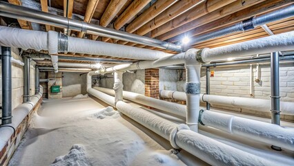 Frozen insulation pipes in a residential basement , freezing, cold, winter, damage, ice, frozen, pipes