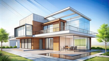 Architectural  of a sleek and modern house building sketch, architecture,design, house, building,blueprint