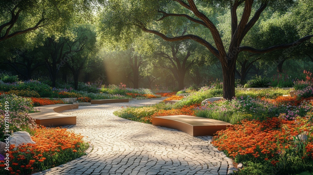 Poster a winding path curves through a serene garden filled with colorful flowers and greenery. sunlight fi