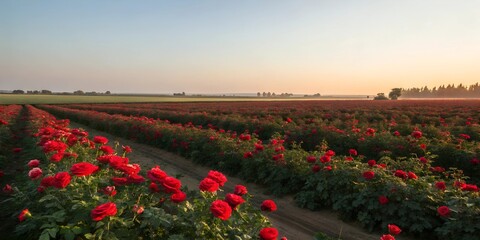 Red rose flowers in a field with a sunset in the background