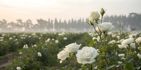 White rose flowers in a field with a sunset in the background