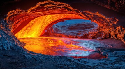 Fototapeta premium Dramatic Lava Flow Meeting Ocean Waves