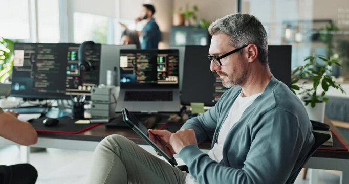 Manager, programmer and business man with tablet for software development, research or scroll. Code, digital technology or mature engineer work on game design, database or website in creative startup