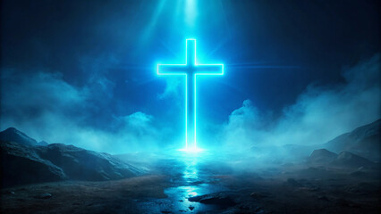 Fototapeta premium blue light cross in a dark environment, representing the victory of light over darkness, religion, Christianity, faith, AI generated