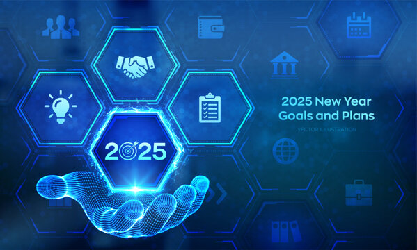 2025 New year Goals and plans icon in wireframe hand. Business plan and strategies. Goal acheiveement and success in 2025. Resolutions, plan, action, checklist concept. Vector illustration.
