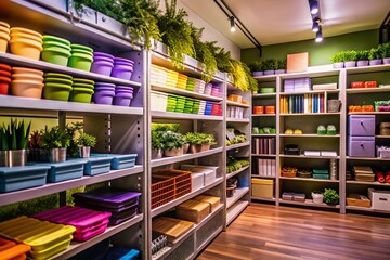 Fototapeta premium Office Supplies and Equipment in a Modern Workspace: Diverse Products and Organizational Tools Displayed in a Bright, Inviting Office Depot Environment