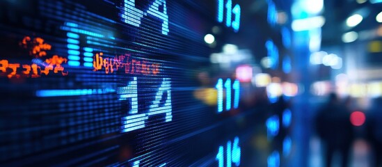 Obraz premium Floating holographic stock numbers in blue and white, dark high-tech setting 