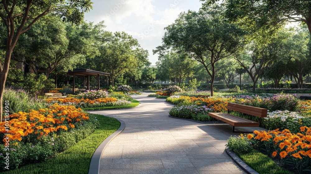 Aufkleber a serene pathway meanders through a beautifully landscaped garden, featuring colorful blooms and rus