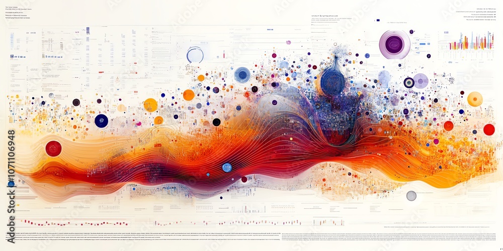 Poster Abstract art with colorful circles and shapes, a white background and a red and orange wave pattern.