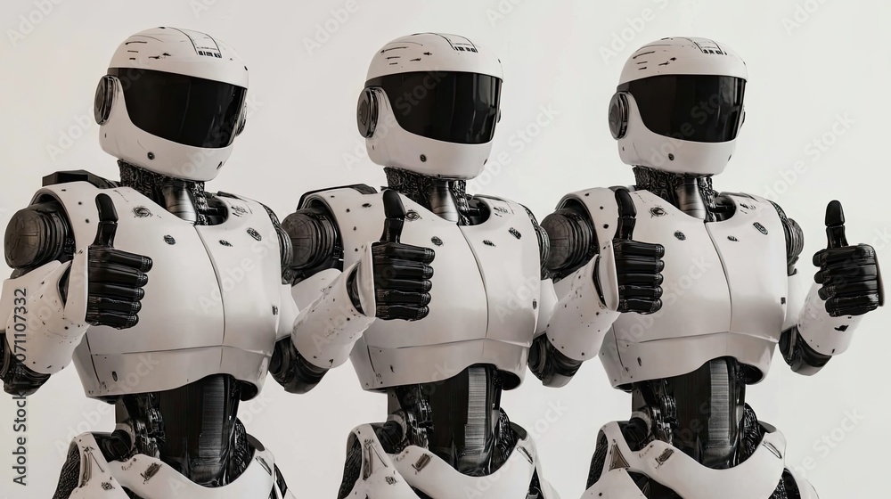Poster three robots giving thumbs up in a modern studio setting generative ai