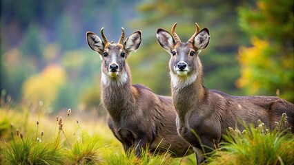 Rare pair of Siberian musk deer, a hoofed animal found in the remote wilderness of Siberia, Siberian musk deer, rare
