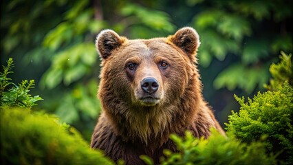 Fototapeta premium Close-up shot of a beautiful brown bear in its natural habitat, surrounded by lush greenery and a serene atmosphere