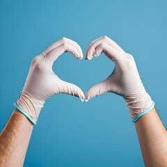 Fototapeta premium Hand in medical gloves in shape of heart on blue background.
