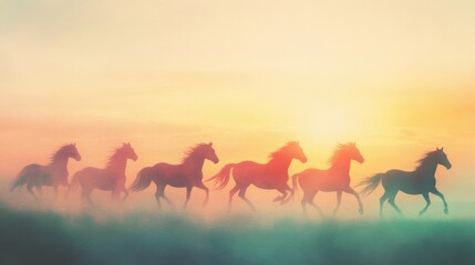 Fototapeta premium Majestic Horses in Motion Under a Sunset Sky