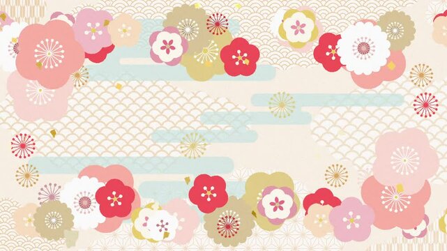 Japanese pattern background for New Year's design. Animation of pink and red flowers blooming. Loop video. (133)