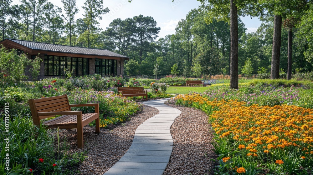Poster a peaceful garden path leads through a colorful display of flowers, with benches inviting visitors t