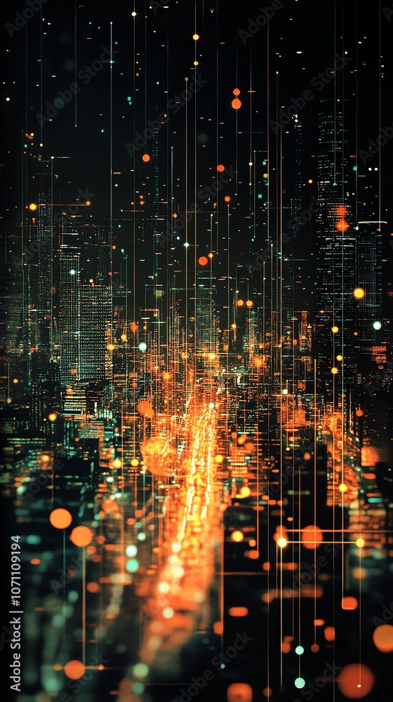 Poster Abstract cityscape with glowing lines and circles, representing data flow, technology, and digital connectivity.