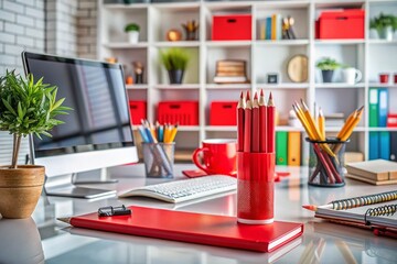 Panoramic View of a Vibrant Red Pencil Symbolizing Correction and Improvement in Education, Surrounded by a Workstation with Stationery and Learning Materials