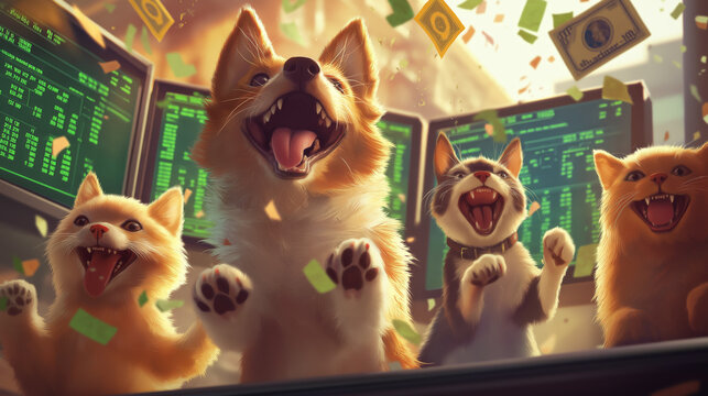 Wall Street's Furry Fanatics: A Stock Market Celebration - Powered by Adobe