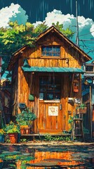 Fototapeta premium A small wooden house with a green awning and a red lantern hanging outside.