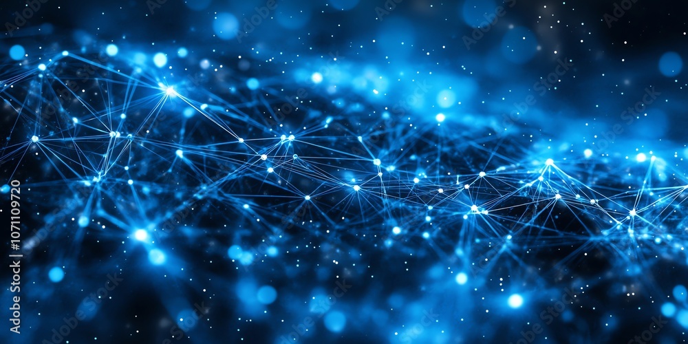 Poster Abstract blue background with glowing lines and dots, representing a network, connection, or data.