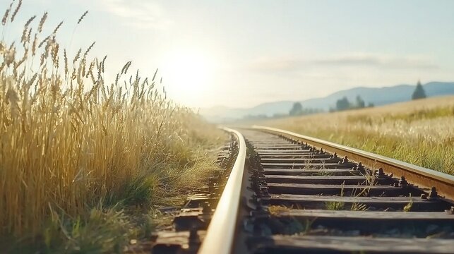   A lone train track meanders through a verdant pasture, bathed in the golden light of an overhead sun